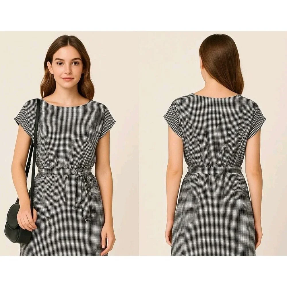 Caution To‎ The Wind Black White Check Belted Short Sleeve Dress Women’s M